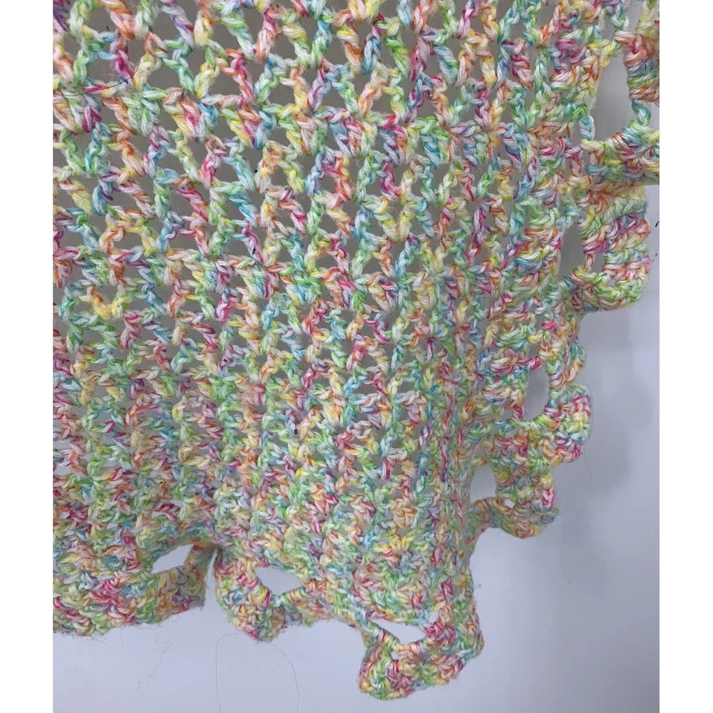 Vintage Hand Crochet Knit Afghan Blanket Scalloped Edges Rainbow 48